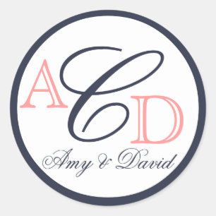 Navy Blue, Peach, Initials Names Wedding Classic Round Sticker