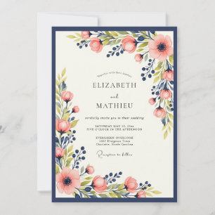 Navy Blue Peach Vibrant Spring Floral Wedding Invitation