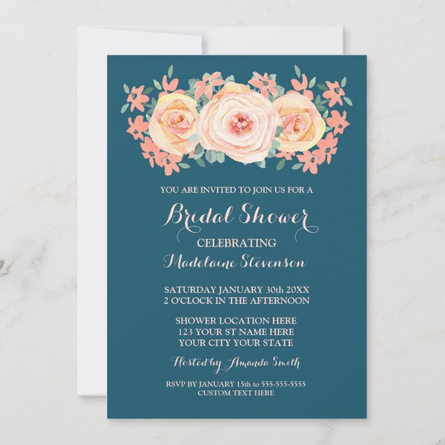 Navy Blue Peach Watercolor Floral Bridal Shower Invitation (Back)
