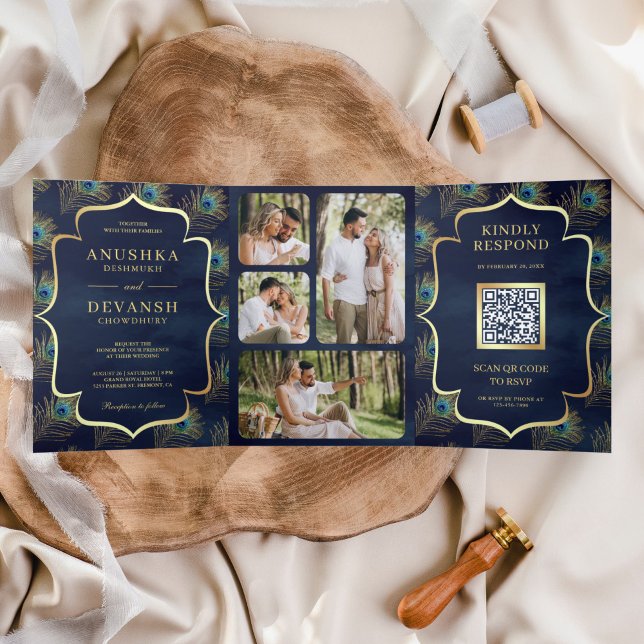 Navy Blue Peacock Feathers QR Code Wedding Tri-Fold Invitation (Creator Uploaded)