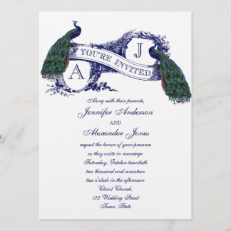 Navy Blue Peacock Wedding Invitation