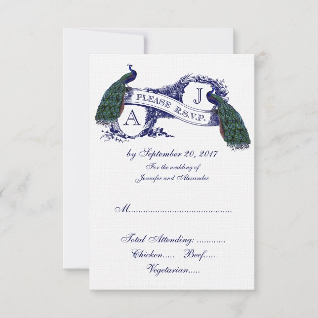 Navy Blue Peacock Wedding RSVP Card (Front)