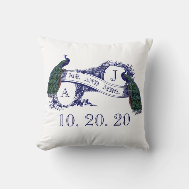 Navy Blue Peacock Wedding Sweetheart Pillow (Front)