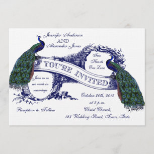 Navy Blue Peacocks Vintage Wedding Invitation