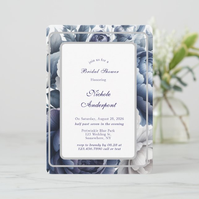 Navy Blue Peonies & White Roses Bridal Shower Invitation (Standing Front)