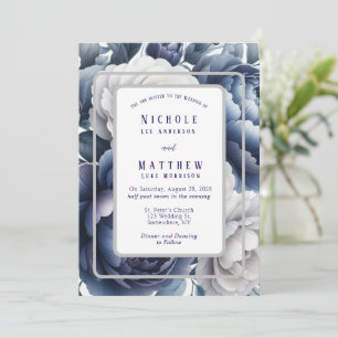 Navy Blue Peonies & White Roses Wedding Invitation
