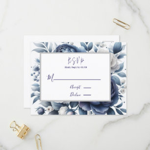 Navy Blue Peonies & White Roses Wedding RSVP Invitation Postcard