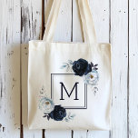 Navy Blue Peony Floral Monogram  Tote Bag<br><div class="desc">This tote bag features painted watercolor peonies in navy blue and white,  and monogram with square frames.  For more advanced customization of this design,  please click the BLUE DESIGN TOOL BUTTON.</div>