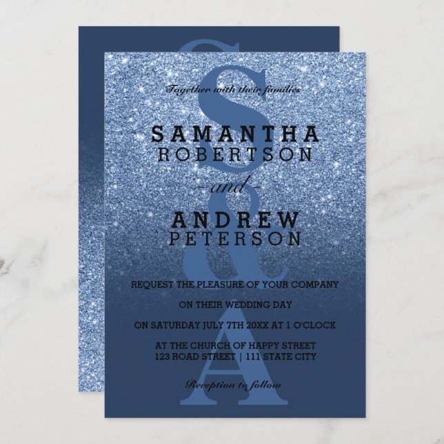 Navy blue peony glitter ombre monogram wedding invitation (Front/Back)