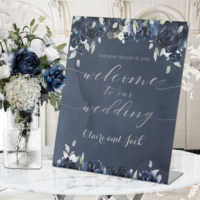 Navy Blue Peony Silver Calligraphy Welcome Wedding Pedestal Sign (Creator Uploaded)