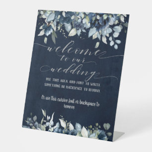 Navy Blue Peony & Silver Fancy Font Calligraphy Pedestal Sign