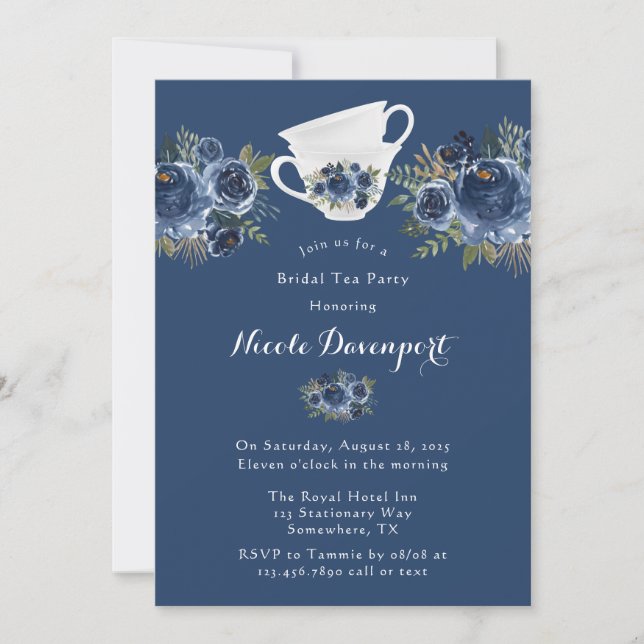 Navy Blue Peony Wedding Bridal Tea Party Invitation (Front)
