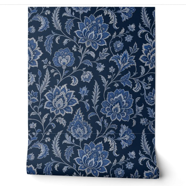 Navy Blue Persian Floral Wallpaper  (Unrolling)
