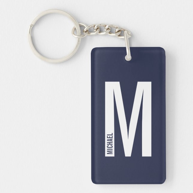 Navy Blue Personalized Bold Monogram and Name Keychain (Front)