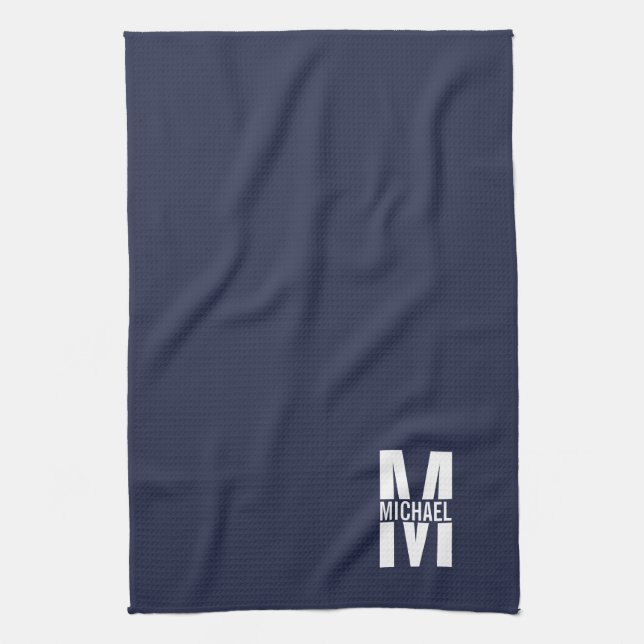 Navy Blue Personalized Bold Monogram and Name Kitchen Towel (Vertical)