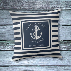 Navy Blue Personalized Captain Nautical Anchor Throw Pillow