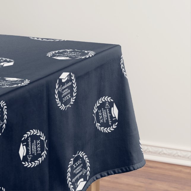 Navy Blue Personalized Emblem Pattern Graduation Tablecloth (In Situ)