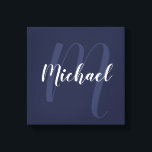 Navy Blue personalized Monogram and Name Canvas Print<br><div class="desc">Personalized Monogram and Family Name Gift
featuring name in white modern script font style and monogram in light navy blue modern script font style as background on navy blue background.</div>