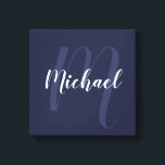 Navy Blue personalized Monogram and Name Canvas Print<br><div class="desc">Personalized Monogram and Family Name Gift
featuring name in white modern script font style and monogram in light navy blue modern script font style as background on navy blue background.</div>