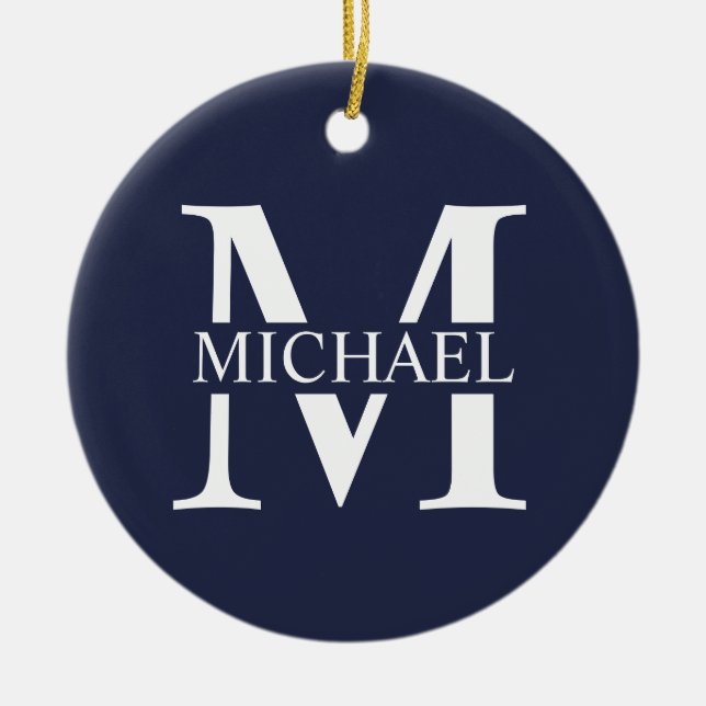 Navy Blue Personalized Monogram and Name Ceramic Ornament (Front)