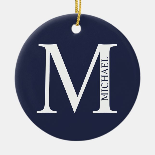 Navy Blue Personalized Monogram and Name Ceramic Ornament (Front)