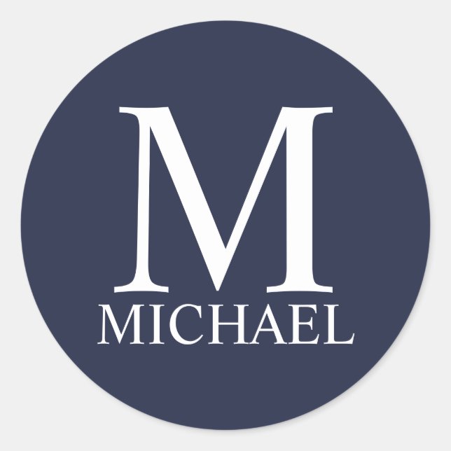 Navy Blue Personalized Monogram and Name Classic Round Sticker (Front)