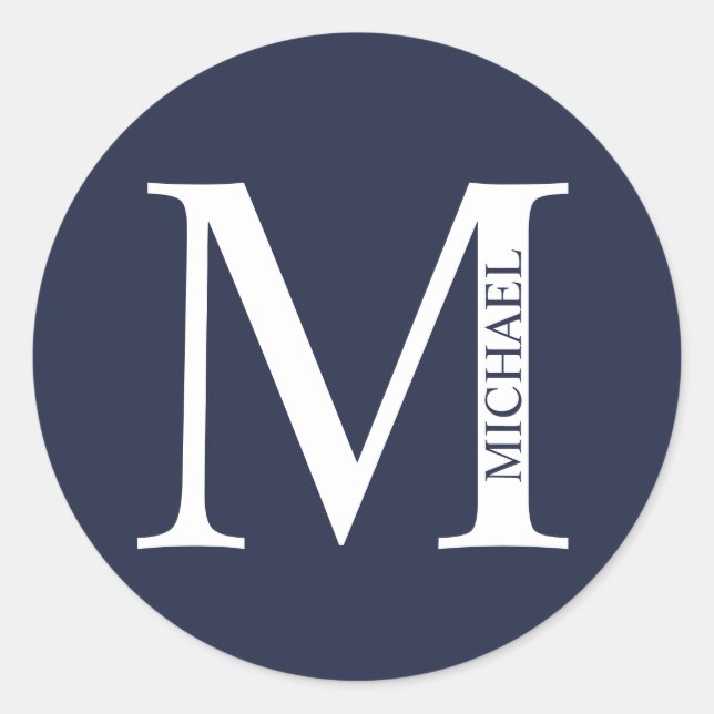 Navy Blue Personalized Monogram and Name Classic Round Sticker (Front)