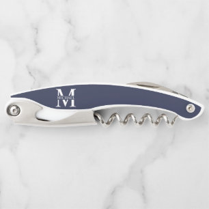 Navy Blue Personalized Monogram and Name Corkscrew