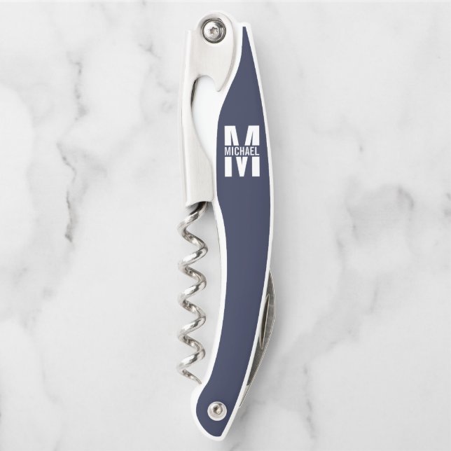 Navy Blue Personalized Monogram and Name Corkscrew (Front)
