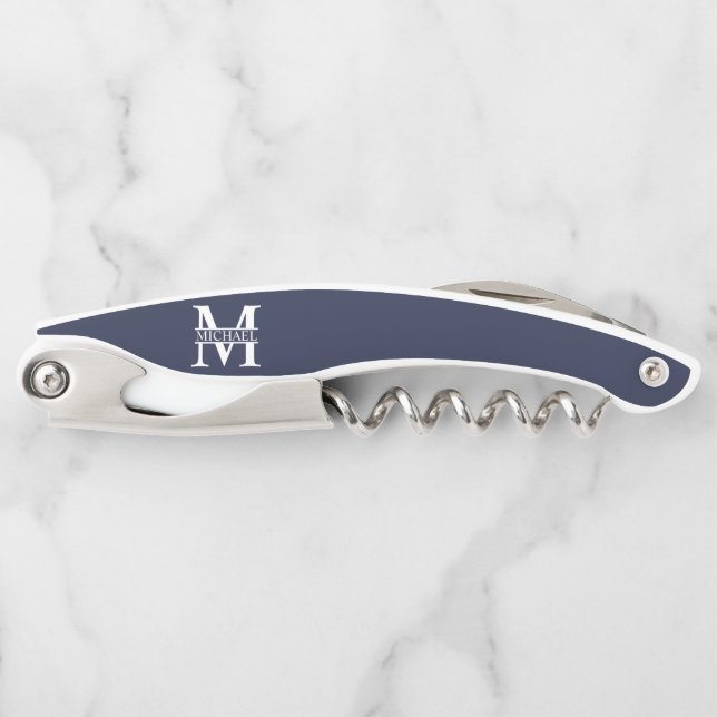 Navy Blue Personalized Monogram and Name Corkscrew (Front)