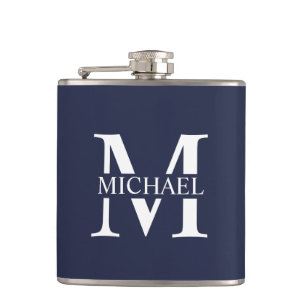 Navy Blue Personalized Monogram and Name Flask