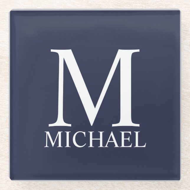 Navy Blue Personalized Monogram and Name Glass Coaster (Front)