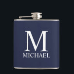 Navy Blue Personalized Monogram and Name Hip Flask<br><div class="desc">Personalized Monogram and Name Gift
features personalized monogram and name in white classic serif font style on navy blue background.

Perfect as holiday gift,  father's day gift,  family reunion favours,  thank you gift for groomsmen and gift for any special occasions.</div>
