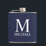 Navy Blue Personalized Monogram and Name Hip Flask<br><div class="desc">Personalized Monogram and Name Gift
features personalized monogram and name in white classic serif font style on navy blue background.

Perfect as holiday gift,  father's day gift,  family reunion favours,  thank you gift for groomsmen and gift for any special occasions.</div>