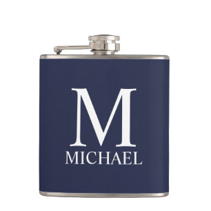 Navy Blue Personalized Monogram and Name Hip Flask