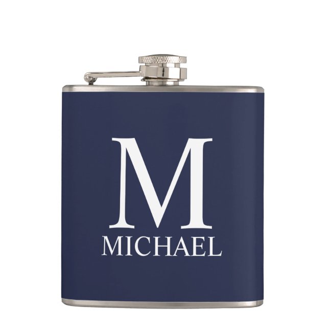 Navy Blue Personalized Monogram and Name Hip Flask (Front)