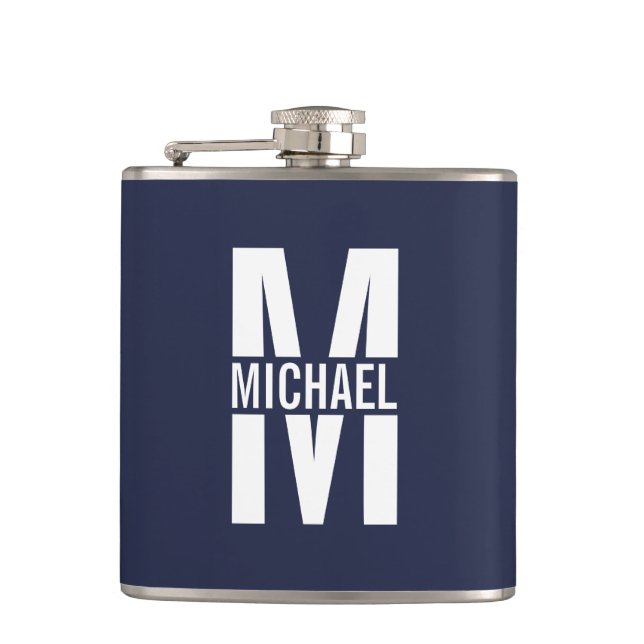 Navy Blue Personalized Monogram and Name Hip Flask (Front)