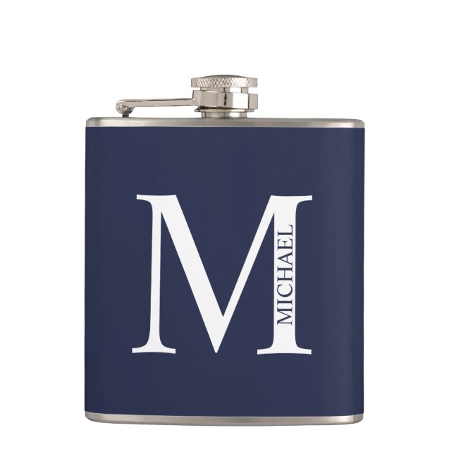 Navy Blue Personalized Monogram and Name Hip Flask (Front)