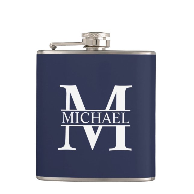 Navy Blue Personalized Monogram and Name Hip Flask (Front)