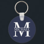 Navy Blue Personalized Monogram and Name Keychain<br><div class="desc">Personalized Monogram and Name Gifts
featuring personalized white monogram in classic serif font style with box of name in the middle of monogram on navy blue background.

Perfect as father's day gifts for dad,  thank you gifts for groomsmen and more.</div>