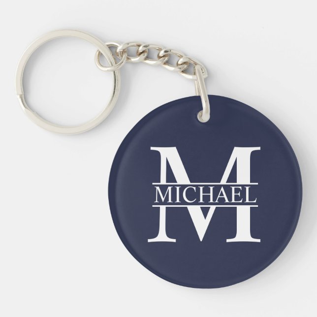 Navy Blue Personalized Monogram and Name Keychain (Front)