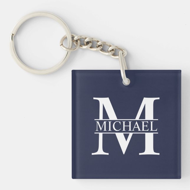Navy Blue Personalized Monogram and Name Keychain (Front)