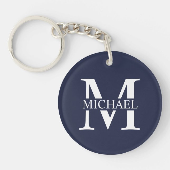 Navy Blue Personalized Monogram and Name Keychain (Front)