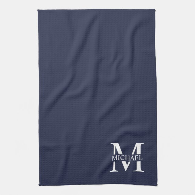Navy Blue Personalized Monogram and Name Kitchen Towel (Vertical)