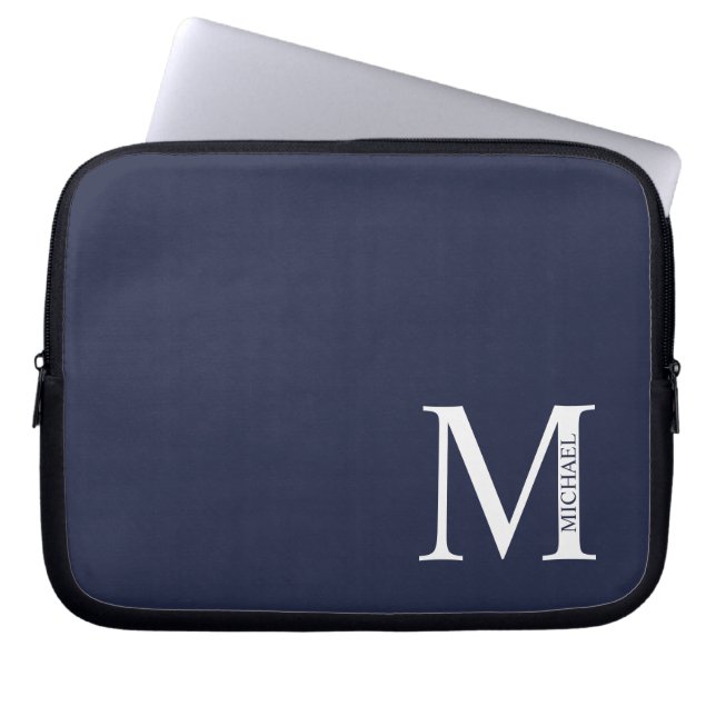 Navy Blue Personalized Monogram and Name Laptop Sleeve (Front)