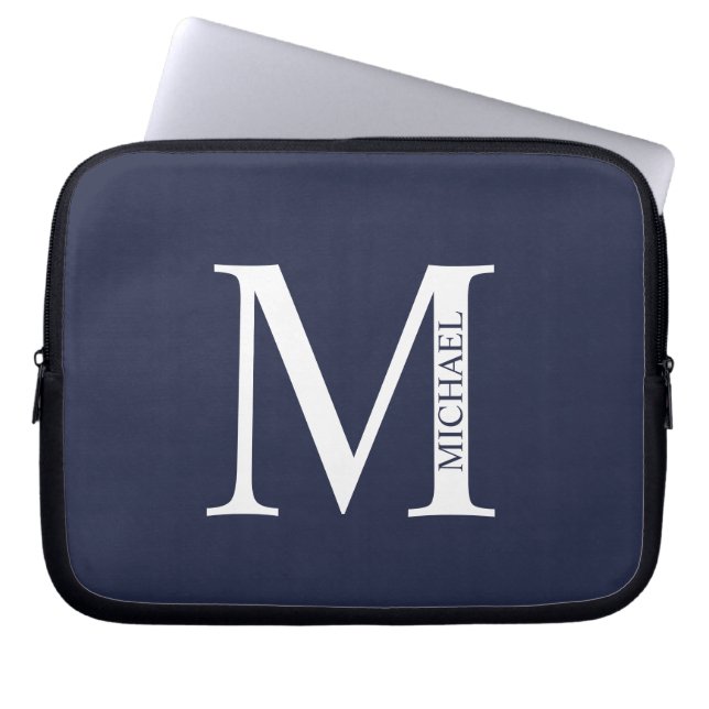 Navy Blue Personalized Monogram and Name Laptop Sleeve (Front)