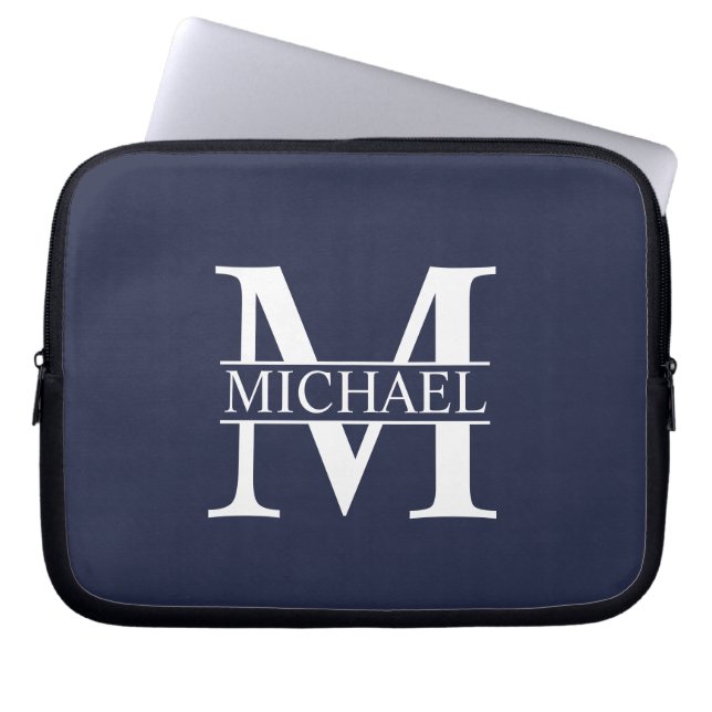 Navy Blue Personalized Monogram and Name Laptop Sleeve (Front)
