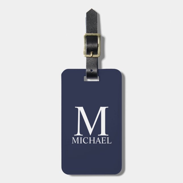 Navy Blue Personalized Monogram and Name Luggage Tag (Front Vertical)