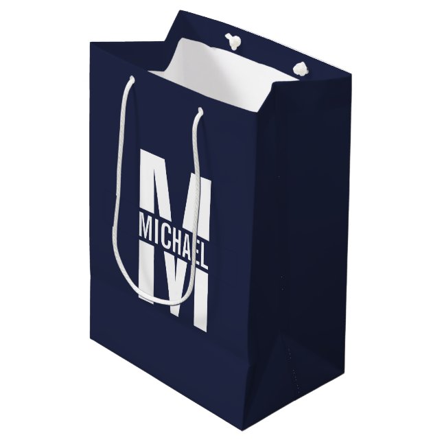 Navy Blue Personalized Monogram and Name Medium Gift Bag (Front Angled)