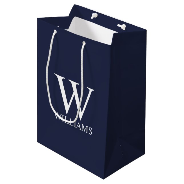 Navy Blue Personalized Monogram and Name Medium Gift Bag (Front Angled)